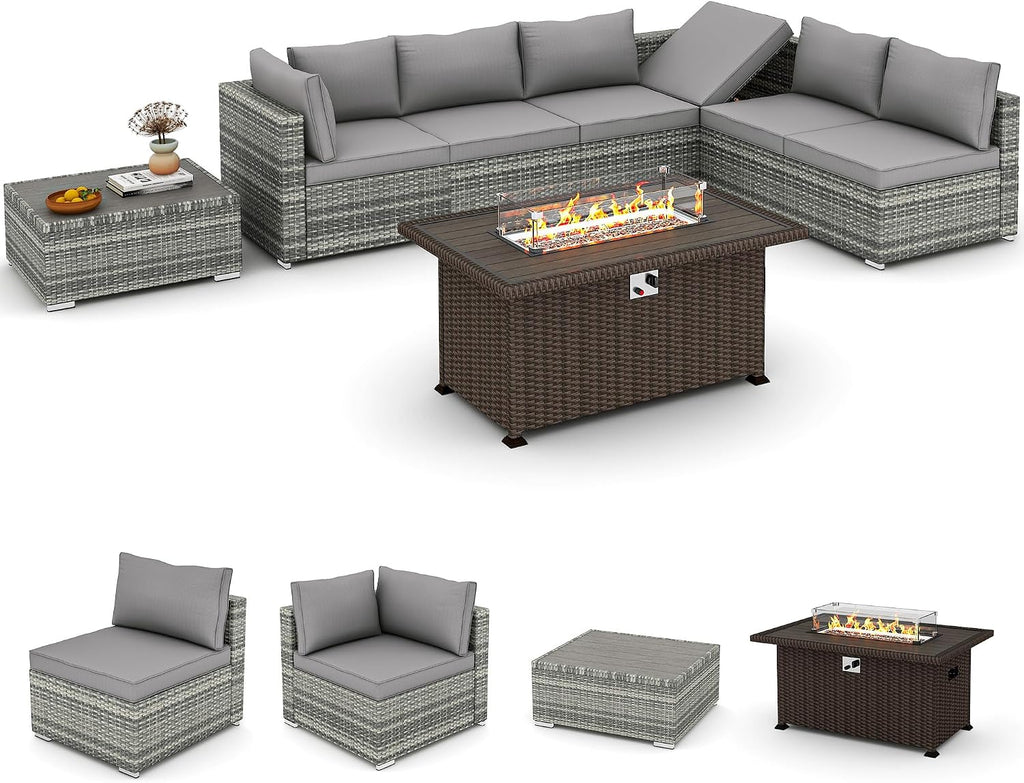 HOMREST 8 Pieces Outdoor Patio Furniture Set with 44' Propane Fire Pit Table, PE Rattan Sectional Sofa Conversation Set w/Adjustable Bracket,Wood Coffee Table for Backyard (Grey)