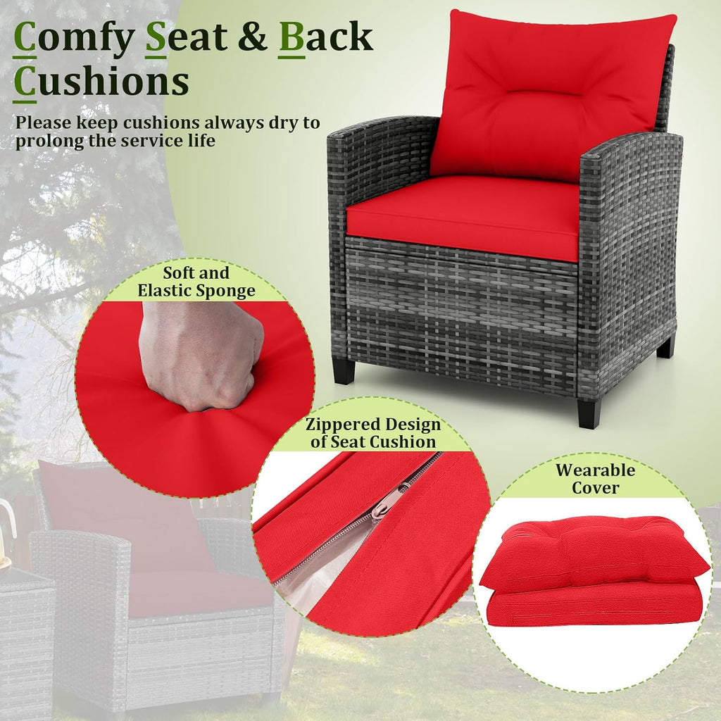 RELAX4LIFE Wicker Patio Furniture Sets - 3 Pieces Rattan Sofa Set, Outdoor Conversation Set with Tempered Glass Tabletop, Heavy-Duty Steel Frame, Wicker Chair Set for Poolside, Backyard (Grey-Red)