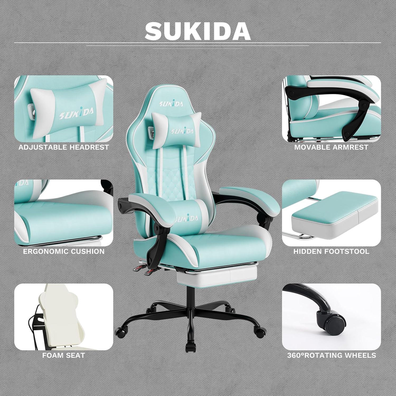 Ergonomic Video Gamer Chairs Gaming Computer Chair Gamer Chairs for Adults Massage Lumbar Support Swivel Height Adjustable Headrest Backrest