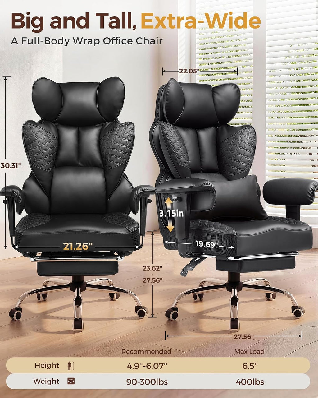 COMHOMA Big and Tall Office Chair Heavy Duty Gaming Chair with Deluxe Embossing Leather High Back Wider Ergonomic Computer Chair with Foot Rest 150°Reclining Pocket Spring Lumbar Support