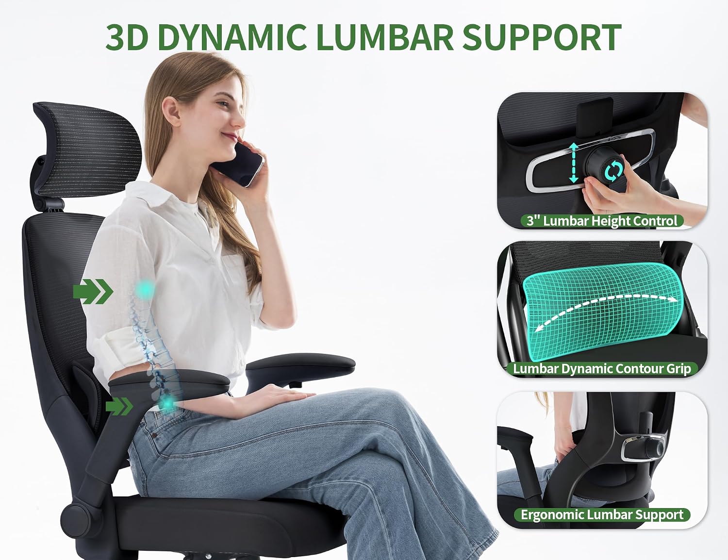 Office Chair - Ergonomic Desk Chair with Adjustable Headrest Lumbar Support Computer Chair - Mesh Comfy Chairs with Flip-up Armrests - Big and Tall Gaming Chairs for Adults Home Office(Black)
