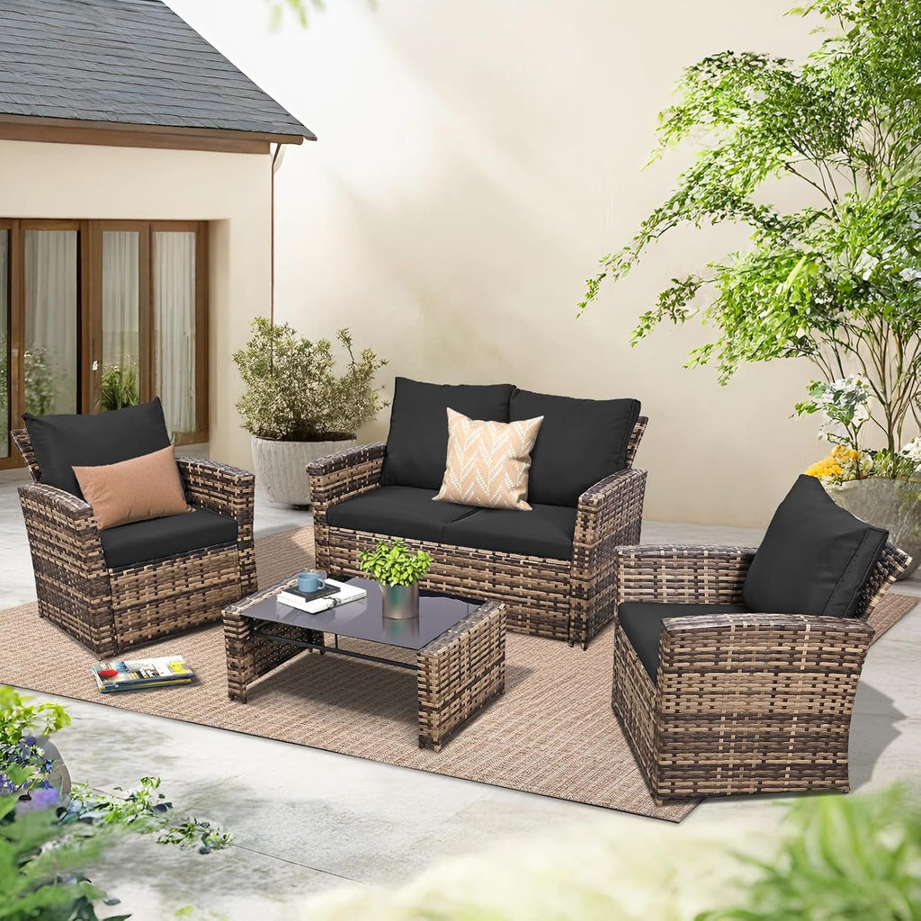FHFO 4 Piece Patio Furniture Set, Wicker Outdoor Conversation Furniture Set, All Weather Patio Sofa Couch with Cushion & Glass Table, Yellow/Black
