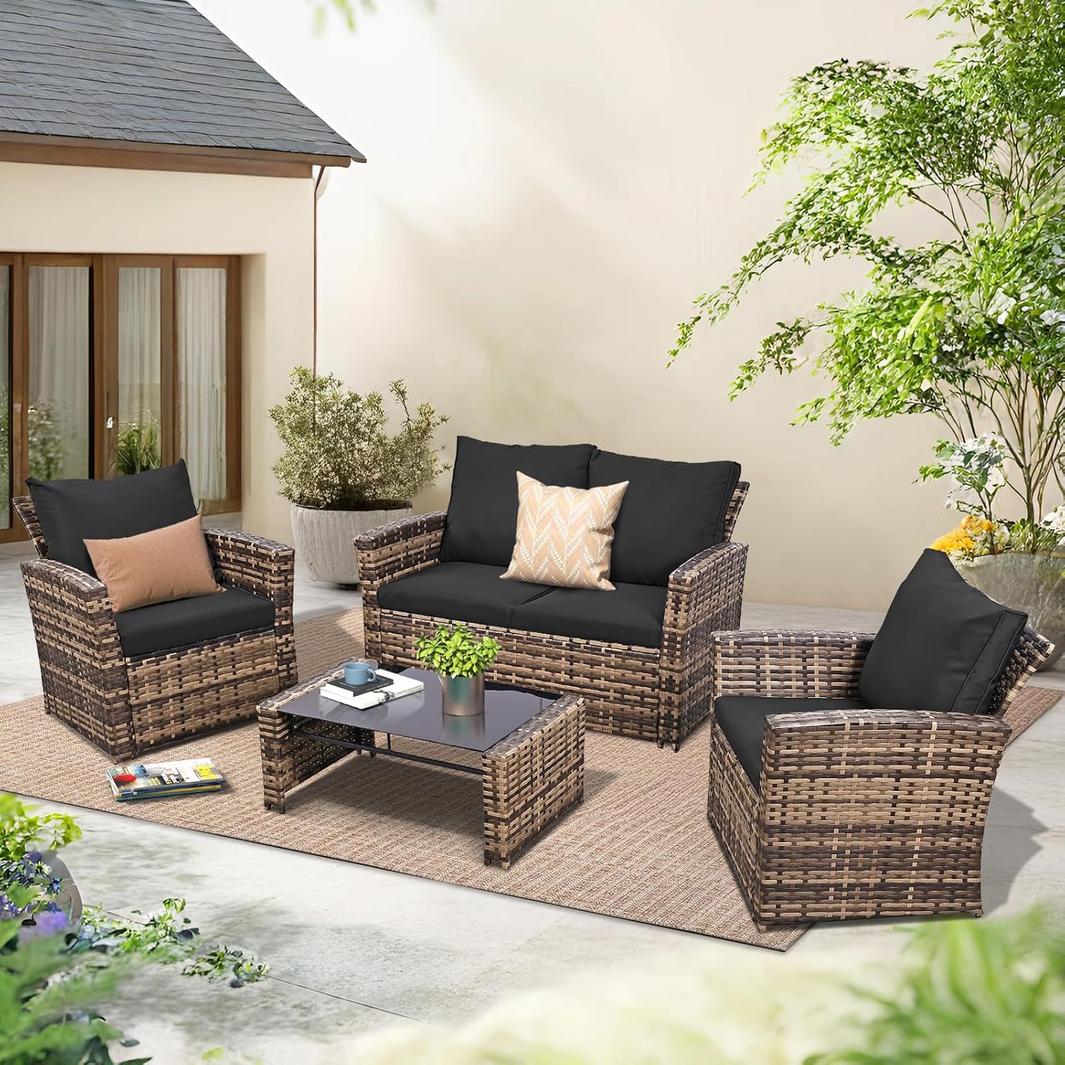 FHFO 4 Piece Patio Furniture Set, Wicker Outdoor Conversation Furniture Set, All Weather Patio Sofa Couch with Cushion & Glass Table, Yellow/Black