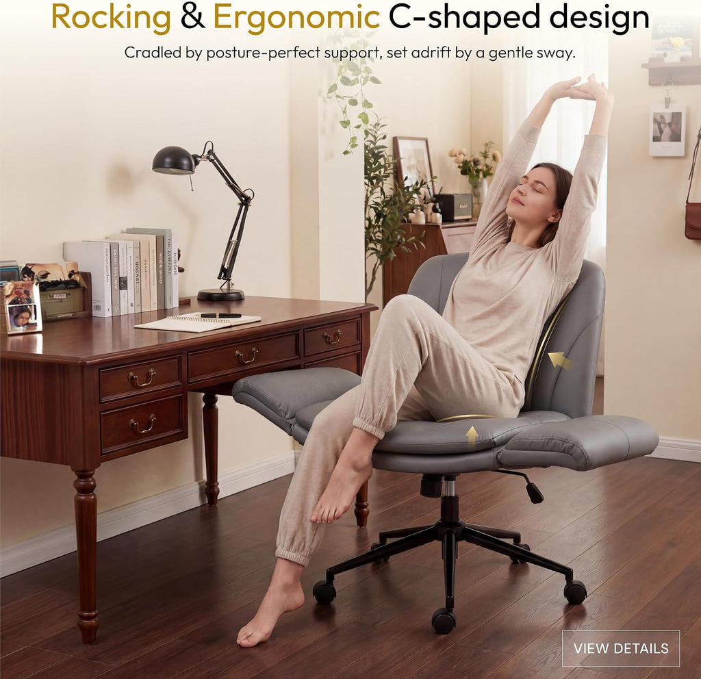 Dowinx Criss Cross Chair with Five-Level Adjustable Arms and Wheels - Comfortable Ergonomic PU Leather Swivel Vanity Chair - Computer Makeup Gaming Chair for Home Office, Bedroom, Vanity Room (Grey)
