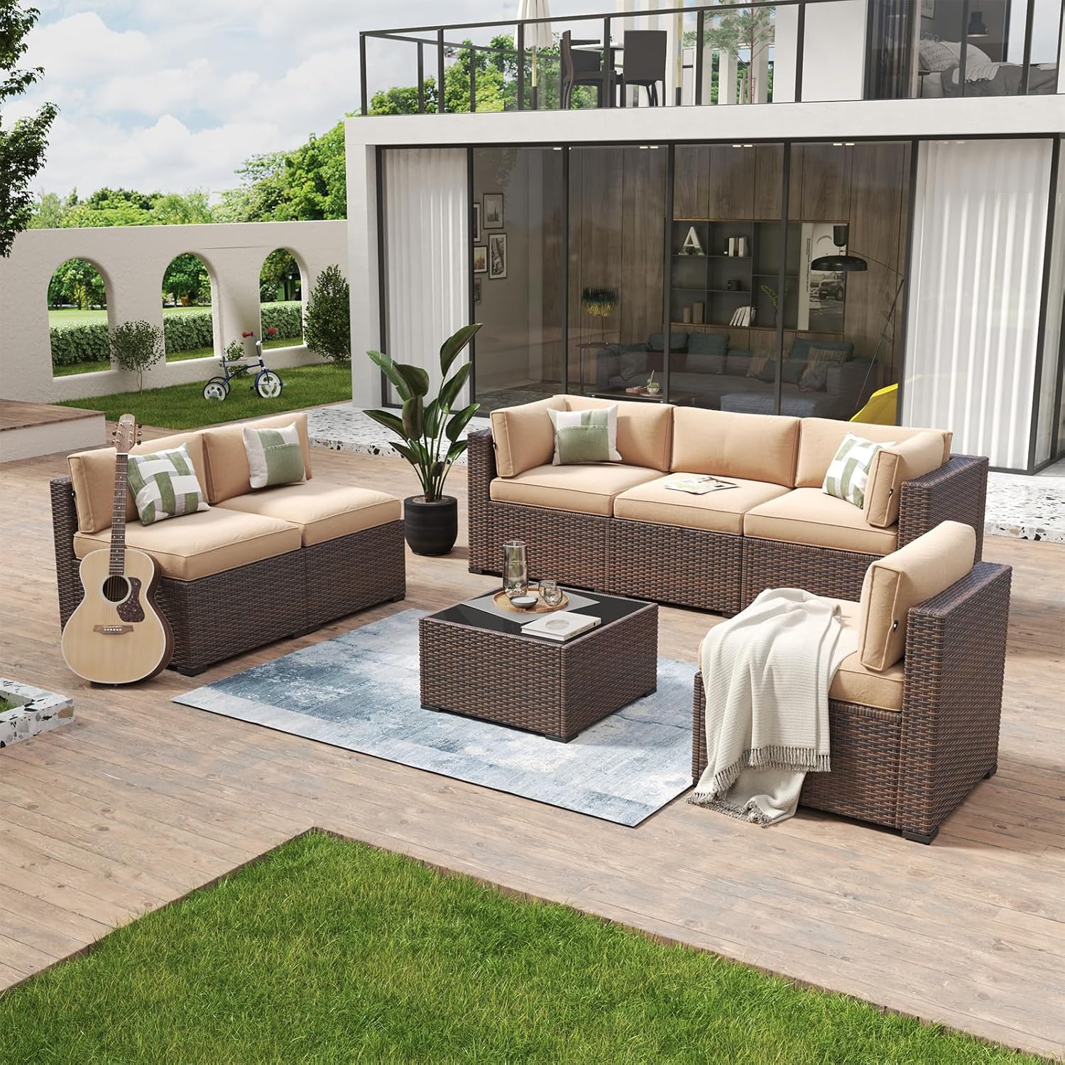 Aoxun 7 Piece Patio Furniture Set Wicker Rattan Patio Conversation Set Outdoor Sectional Sofa Set with Coffee Table and Thickened Cushions, Beige (Waterproof Cover Included)