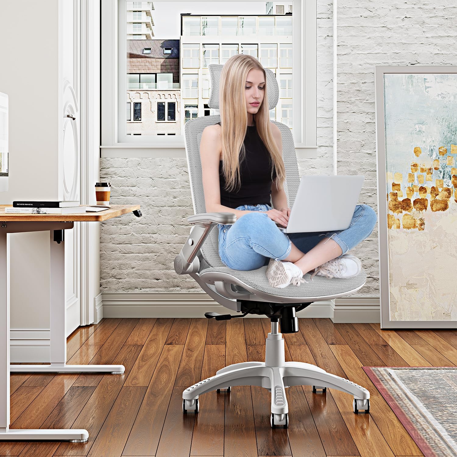 GABRYLLY Ergonomic Office Chair, High Back Home Desk Chair with Headrest, Flip-Up Arms, 90-120° Tilt Lock and Wide Cushion, 300LBS Mesh Chairs for Man Woman, White Task Chair(Grey,GY01WG)