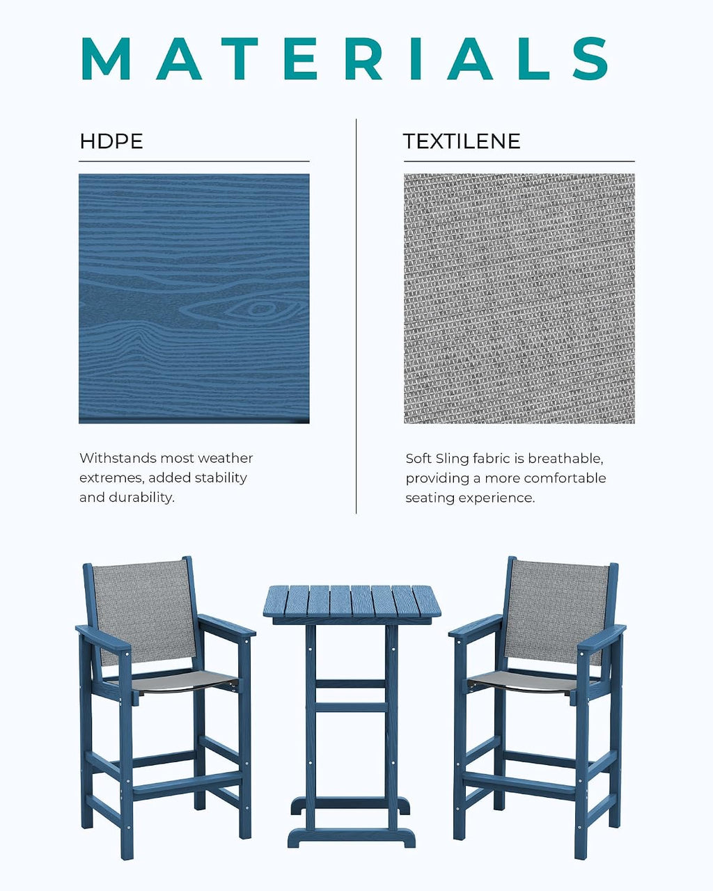 SERWALL 3 Pieces Textilene Adirondack Bar Set, Tall Adirondack Bar Height Chairs with Bar Table, Sling Balcony Adirondack Chairs, Weather Resistance Resin Outdoor Bar Height Stools, Blue