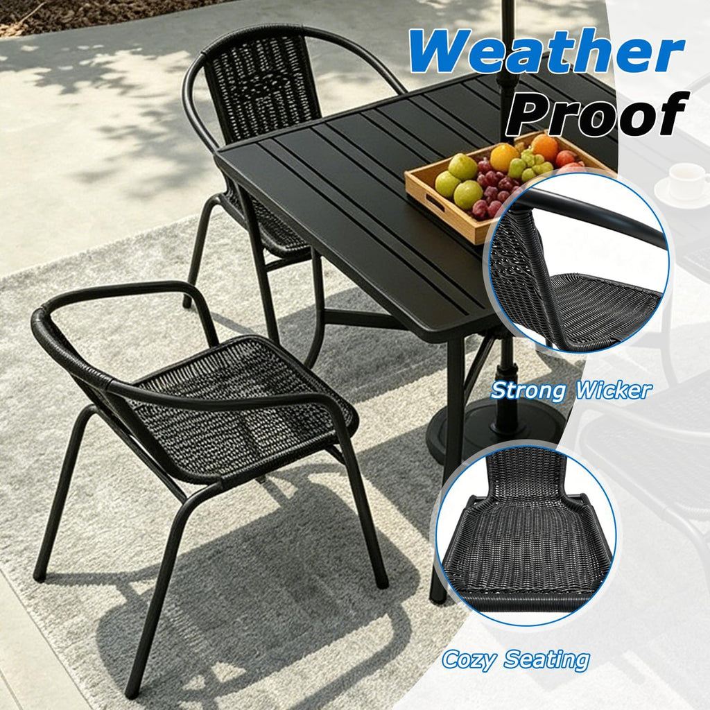 Outdoor Patio Furniture Set 5 Piece with 4 Stackable Black Rattan Chairs and Black Outdoor Metal Dining Table with Umbrella Hole