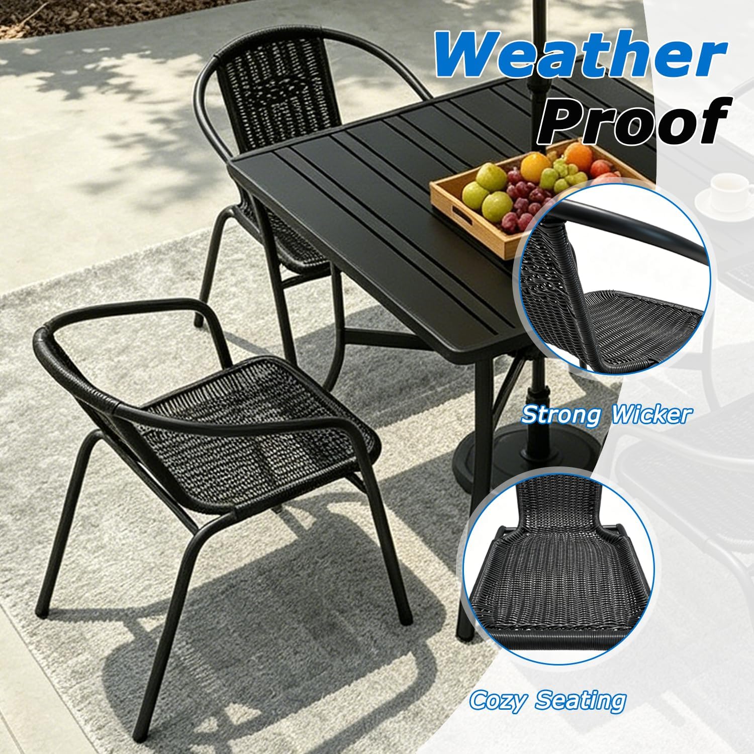 Outdoor Patio Furniture Set 5 Piece with 4 Stackable Black Rattan Chairs and Black Outdoor Metal Dining Table with Umbrella Hole