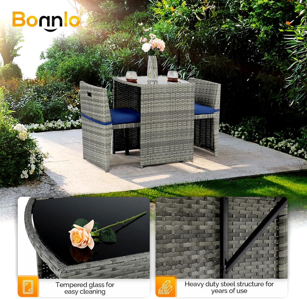 Bonnlo 3 PCS Wicker Outdoor Patio Bistro Set, Patio Furniture Set for Small Space with Glass Top Table Dining Chairs, Balcony Furniture Patio Table and Chairs Set of 2 for Garden Yard Porch (Grey)