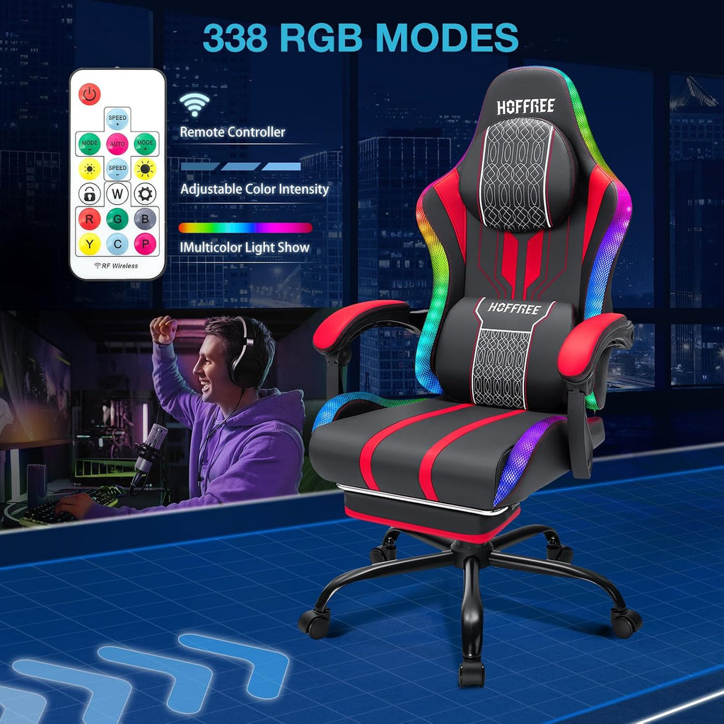 HOFFREE LED Gaming Chair with Bluetooth Speakers Massage Gaming Chair with RGB Lights Big and Tall Game Chairs for 400lbs Heavy People High Back Computer Desk Chair with Footrest Red and Black