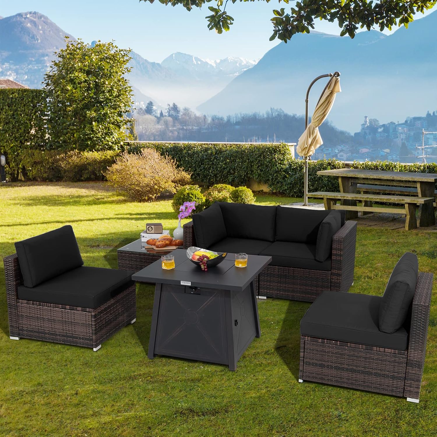 Tangkula 6-Piece Patio Furniture Set with 30' Propane Fire Pit Table, Outdoor PE Wicker Conversation Set with Cushions and Tempered Glass Coffee Table, Gas Fire Pit Table with 50,000 BTU (Black)