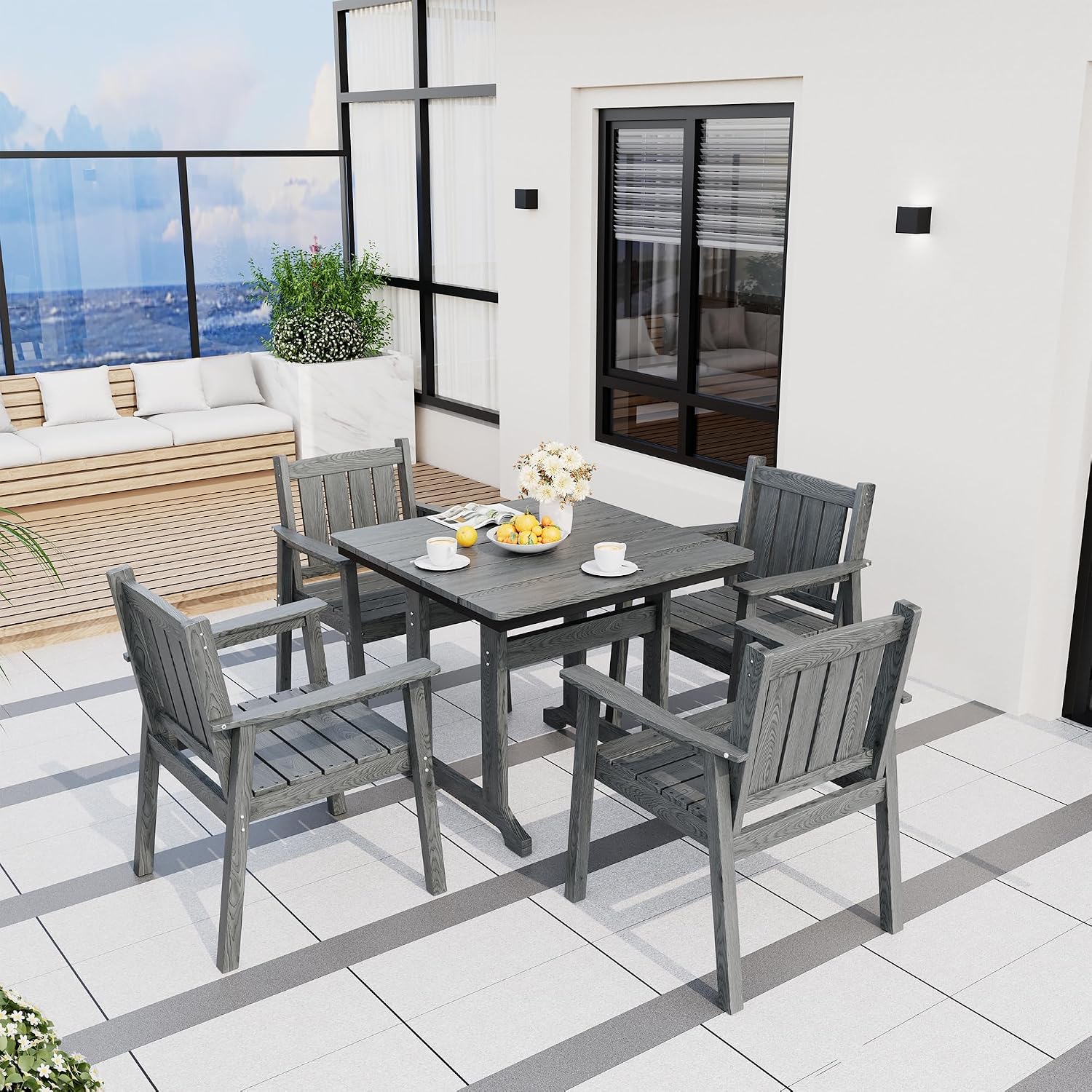 Pamapic 5 PCS Outdoor Dining Set, Spacious HDPE Outdoor Table and Chairs, Wood Grain Patio Furniture Sets with Elegant Armrest, All-Weather Patio Dining Table with Umbrella Hole, Gray