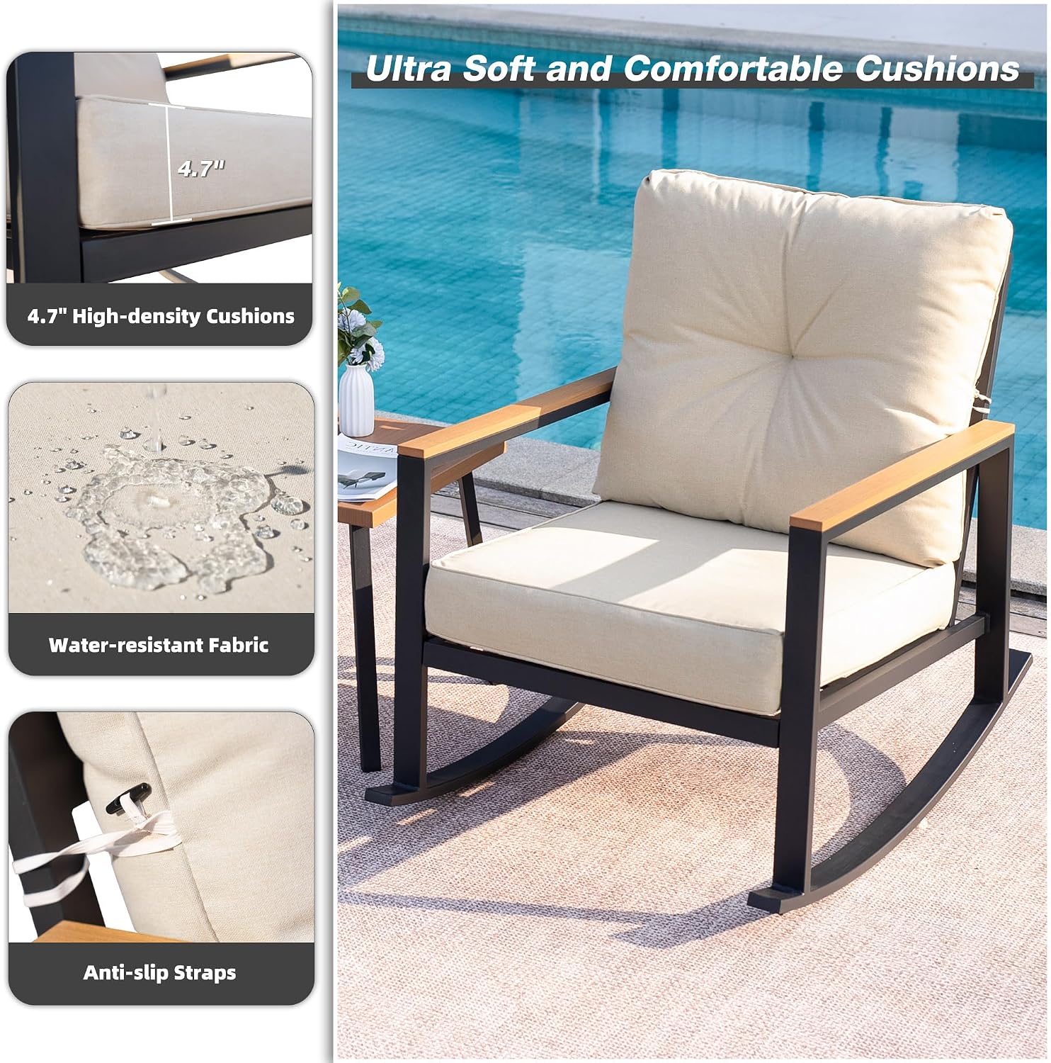3 Pieces Rocking Bistro Set, Outdoor Patio Furniture Set with Thick Cushions and Coffee Table, Patio Conversation Sets for Garden, Balcony, Backyard, Beige