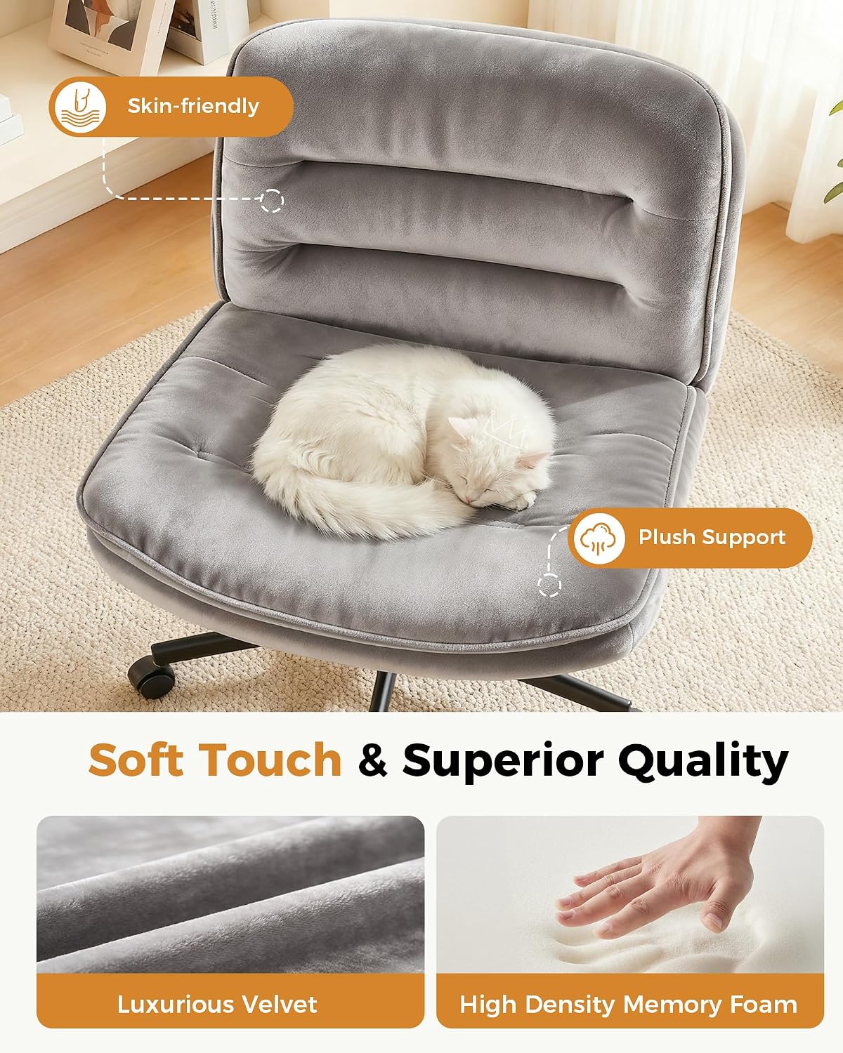 COMHOMA Cross Legged Office Chair with Wheels Armless-Office Desk Chair, Modern Vanity Computer Task Chairs for Home Bedroom, Comfortable Wide Seat for Lower Back Pain Relief, Soft Velvet, Gray