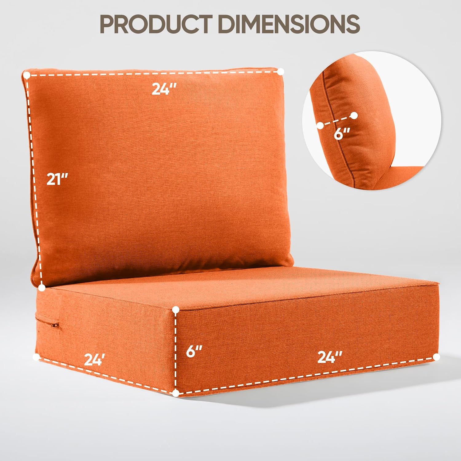 6' Thick Outdoor Cushion, 24*24*6' Patio Furniture Cushions with Waterproof Patio Furniture Cushions with Removable Cover, 28D High Density Patio Cushion for Outdoor Furniture, Orange-1pc