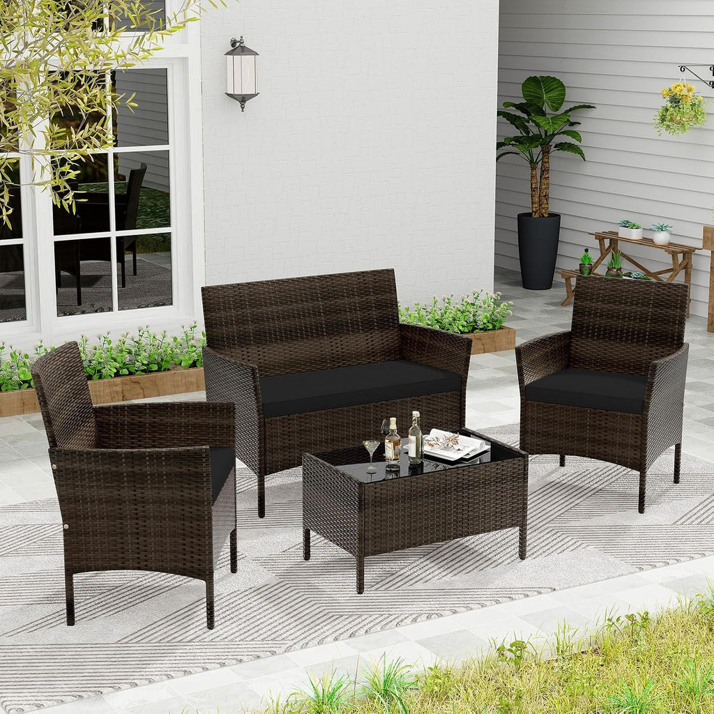 KOTEK 4 Piece Patio Furniture Set, Outdoor Rattan Conversation Set with Loveseat, Wicker Chairs, Tempered Glass Coffee Table, Wicker Patio Set for Backyard, Porch (Black)