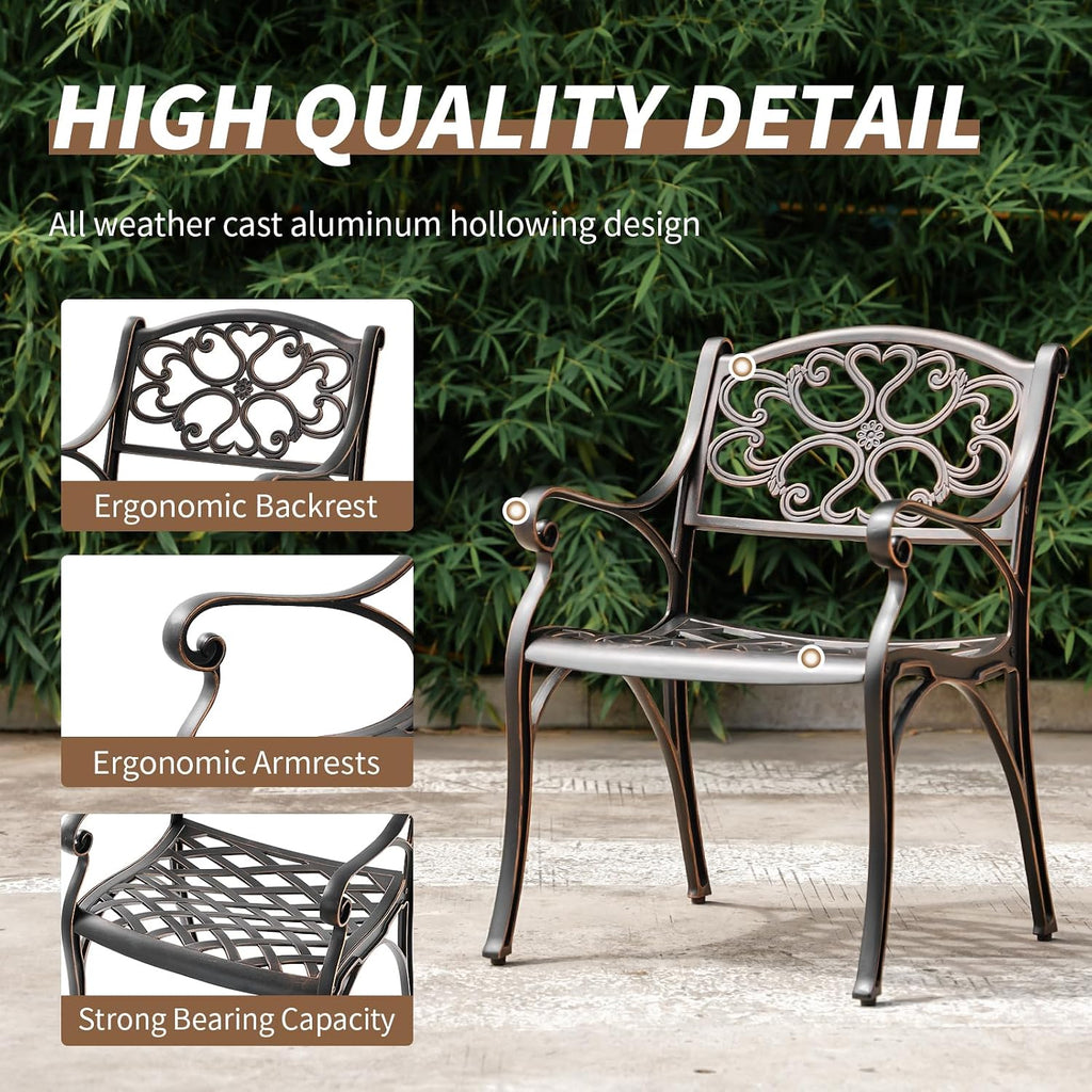 Cast Aluminum Patio Dining Set, Outdoor Bistro Set, 31.5' Round Outdoor Dining Table with Umbrella Hole, 2 Bistro Chairs for Yard Porch Garden Balcony