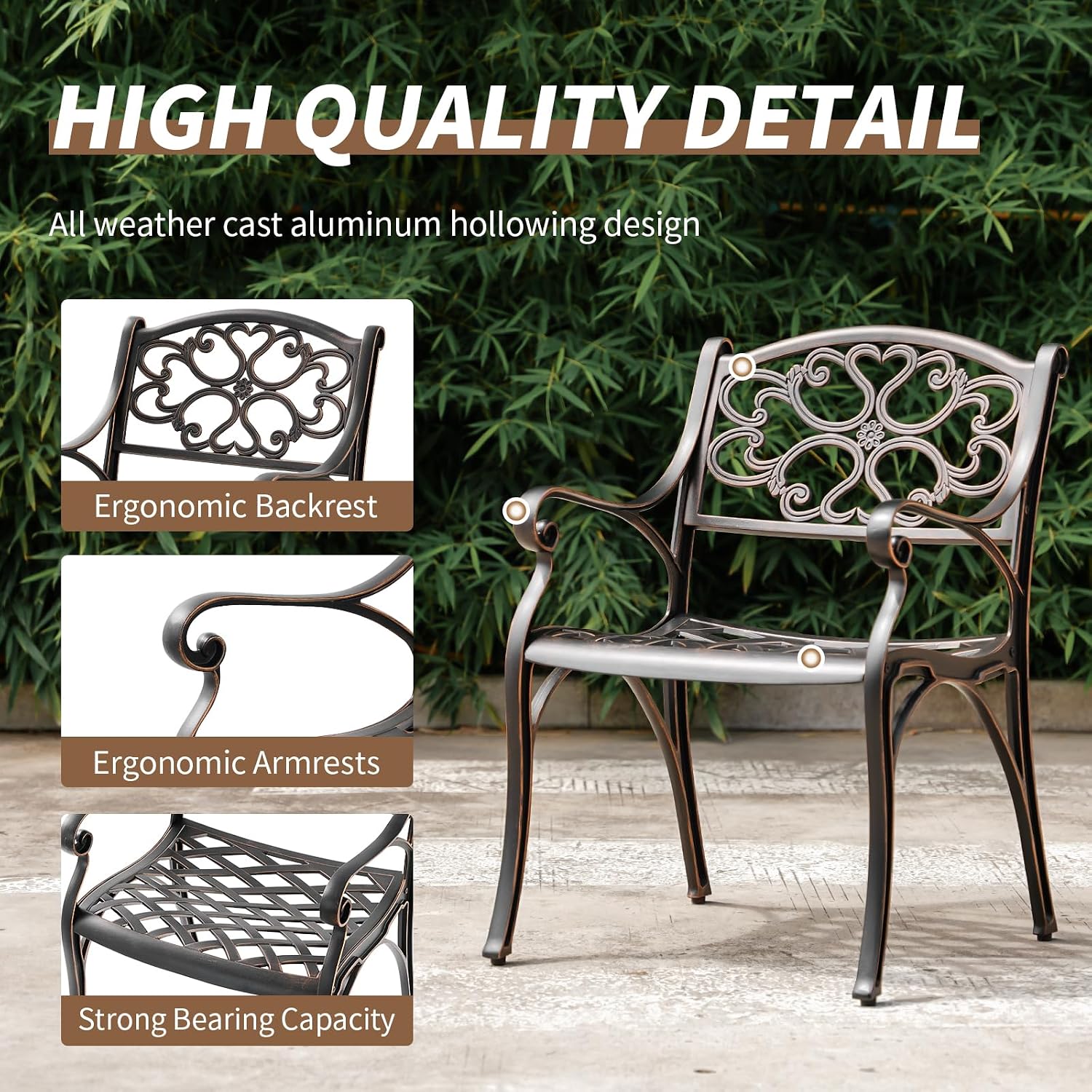 Cast Aluminum Patio Dining Set, Outdoor Bistro Set, 31.5' Round Outdoor Dining Table with Umbrella Hole, 2 Bistro Chairs for Yard Porch Garden Balcony
