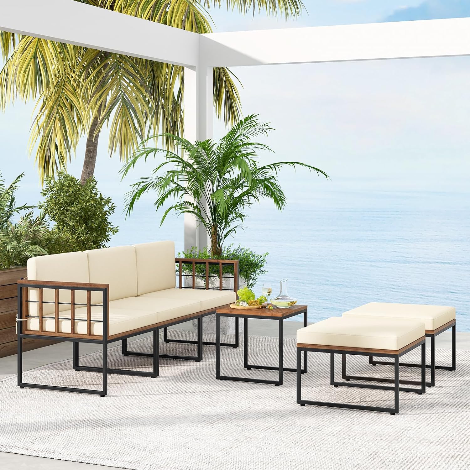 Tangkula 6 Pieces Acacia Wood Patio Furniture Set, Outdoor Sectional Conversation Sofa Set with Cushions, Coffee Table and Ottomans, Metal Frame Patio Sofas for Garden, Poolside, Backyard, Beige