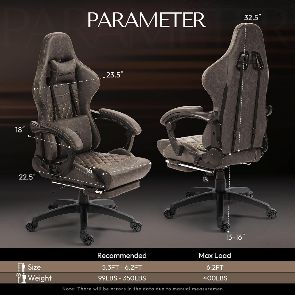 Dowinx Gaming Chair Big and Tall, Ergonomic PC Gaming Chair with Footrest & Massage, Racing Style Reclining Computer Chair for Adults, 400LBS Capacity - Heavy Duty Gamer Chair (Brown)