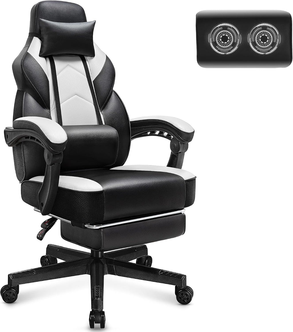 Big and Tall Gaming Chair for Adults, 330lbs Heavy Duty Computer Chair with Footrest, Video Game Chair, Massage Lumbar Support, Wide Seat High Back Reclining Desk Chair, White