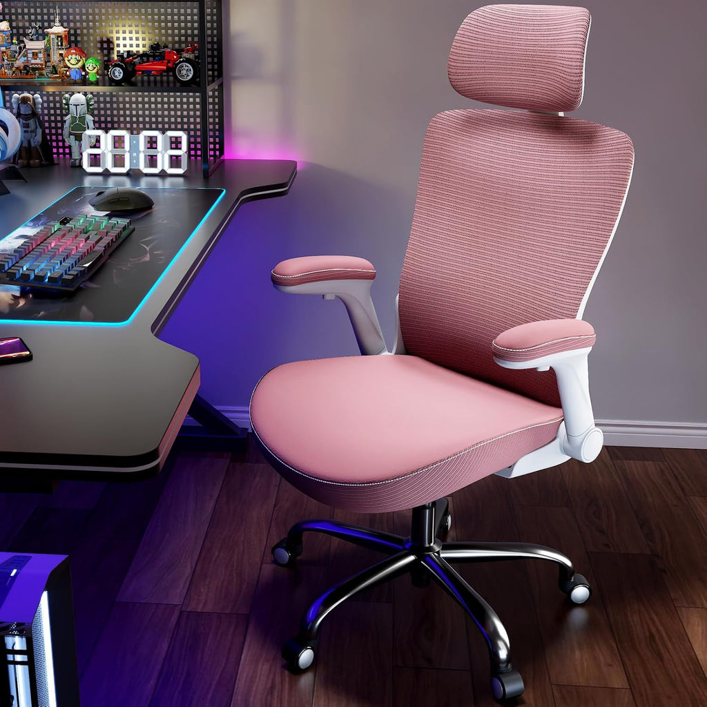 Ergalithic Office Home Ergonomic Desk Chair-Computer X-Shaped Chair Mesh PU Leather with Adjustable Lumbar Support-Executive Chair High Back with Headrest Flip-Up Arms for Long Hours (Dark Pink)
