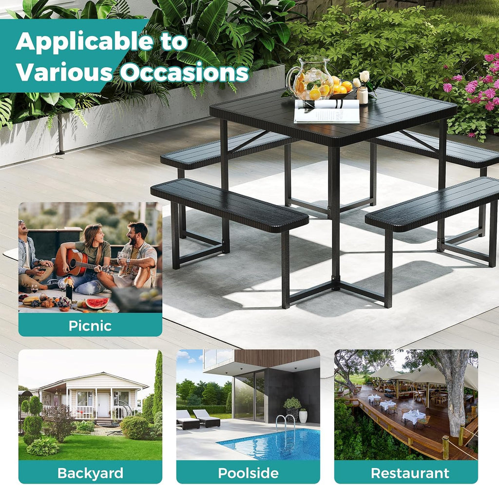 Giantex Picnic Table Bench Set for 4-8 People, 34' Outdoor Square Dining Table & 2 Benches w/Umbrella Hole, HDPE Tabletop, Metal Frame, Patio Camping Furniture for Backyard Porch Lawn (Black,Square)