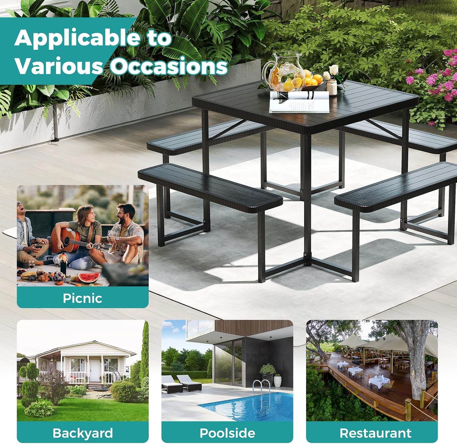 Giantex Picnic Table Bench Set for 4-8 People, 34' Outdoor Square Dining Table & 2 Benches w/Umbrella Hole, HDPE Tabletop, Metal Frame, Patio Camping Furniture for Backyard Porch Lawn (Black,Square)