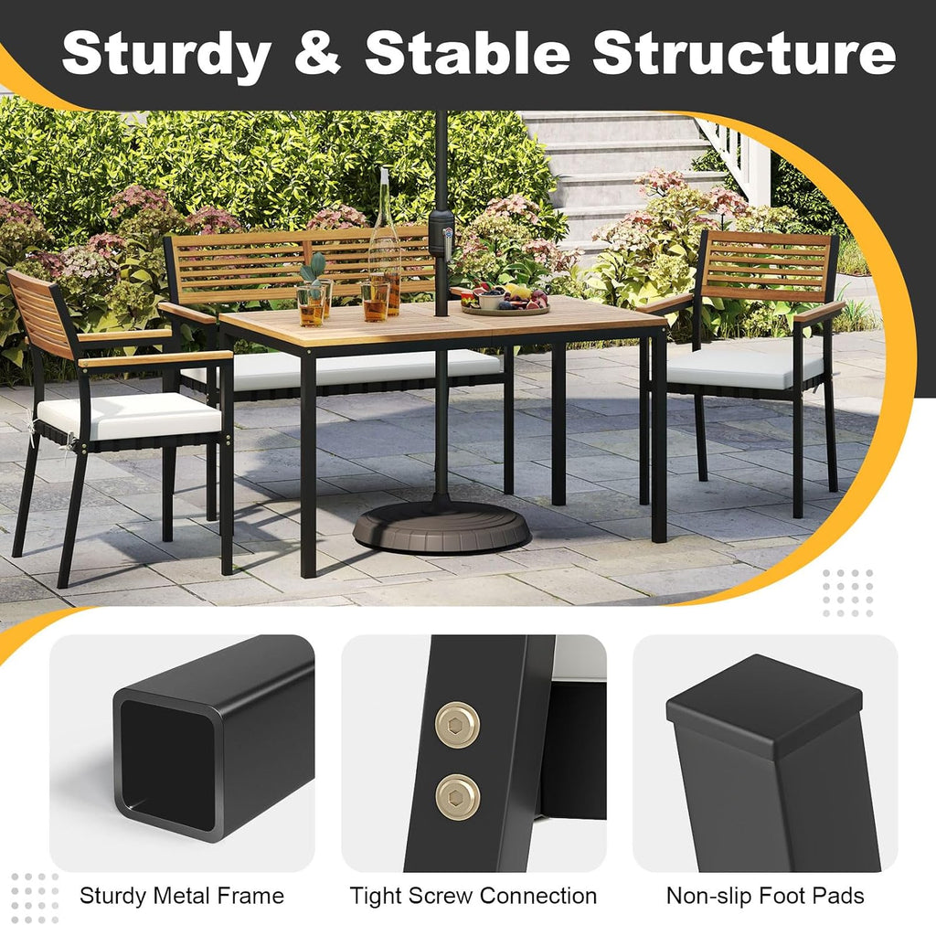 Tangkula 4 Piece Patio Dining Furniture Set, Outdoor Dining Chair Set for 4 w/Acacia Wood & Metal Frame, Umbrella Hole, 1 Table, 2 Armchairs, 1 Bench for Lawn, Garden, Backyard, Porch
