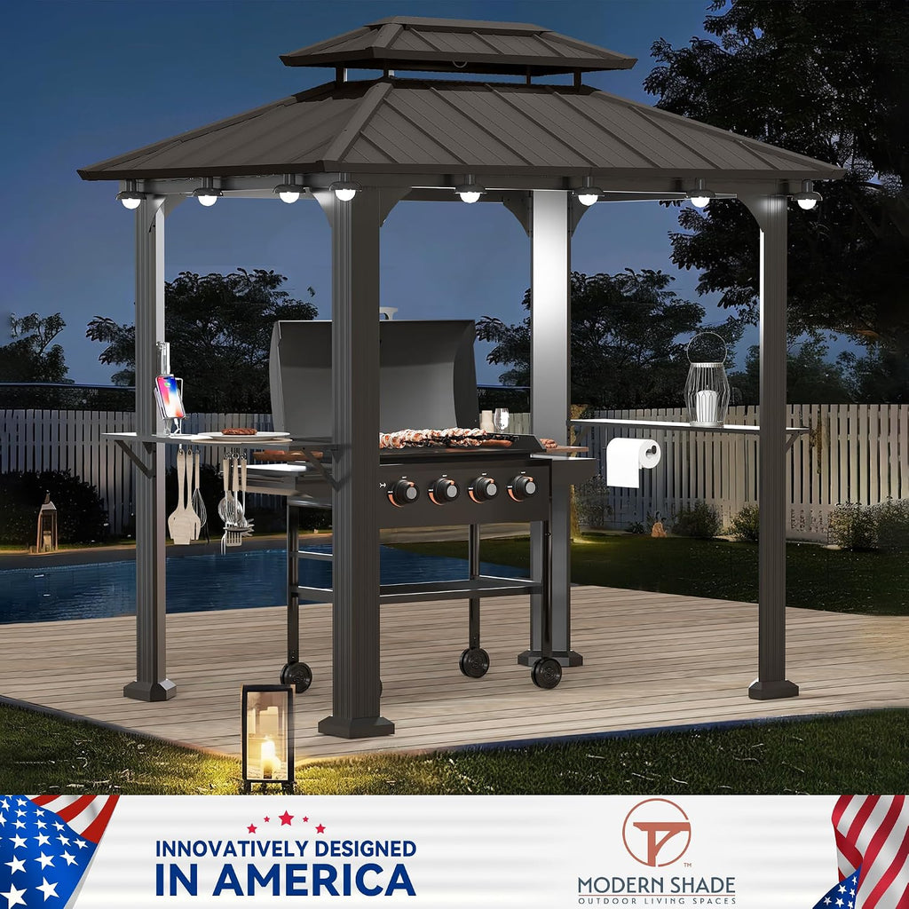 Modern Shade 6' X 8' Grill Gazebo, Aluminum Hardtop BBQ Gazebos with Shelves and Ceiling Hook, Outdoor Grill Gazebo with Galvanized Steel Roof, Extra-Wide Column Design, Grill Canopy for Patio, Black