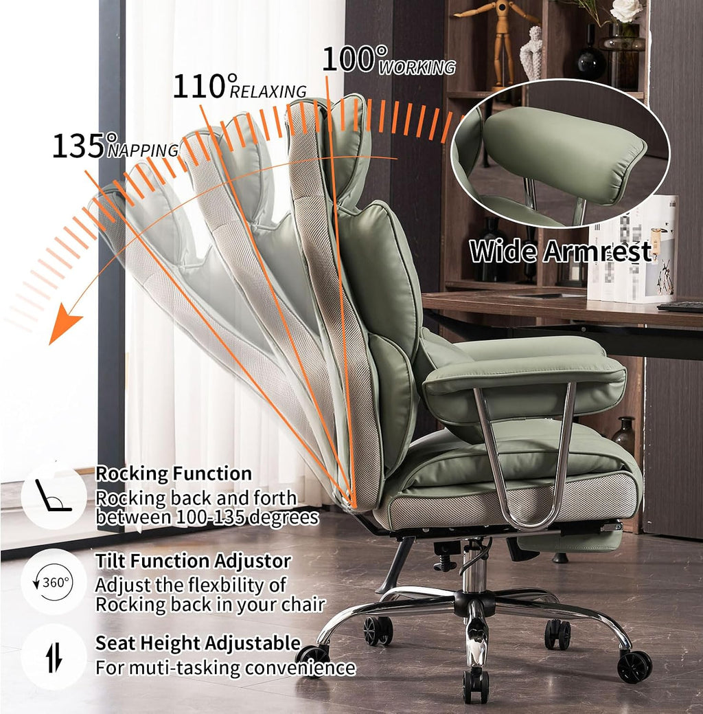 Efomao Big and Tall Office Chair 400lbs - Executive Office Chairs with Footrest, Heavy-Duty PU Leather Computer Chair for Heavy People, Light Green Home Office Desk Chairs