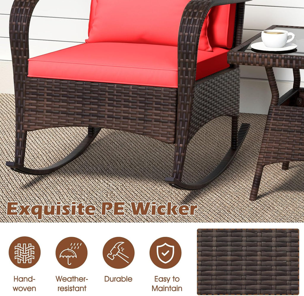 ORALNER 3 Pieces Patio Furniture Set, Outdoor Wicker Rocking Chairs with Cushions, Pillows, Glass Coffee Table, Rattan Bistro Rocker Set for Balcony Front Porch Poolside Garden Deck Yard (Red)