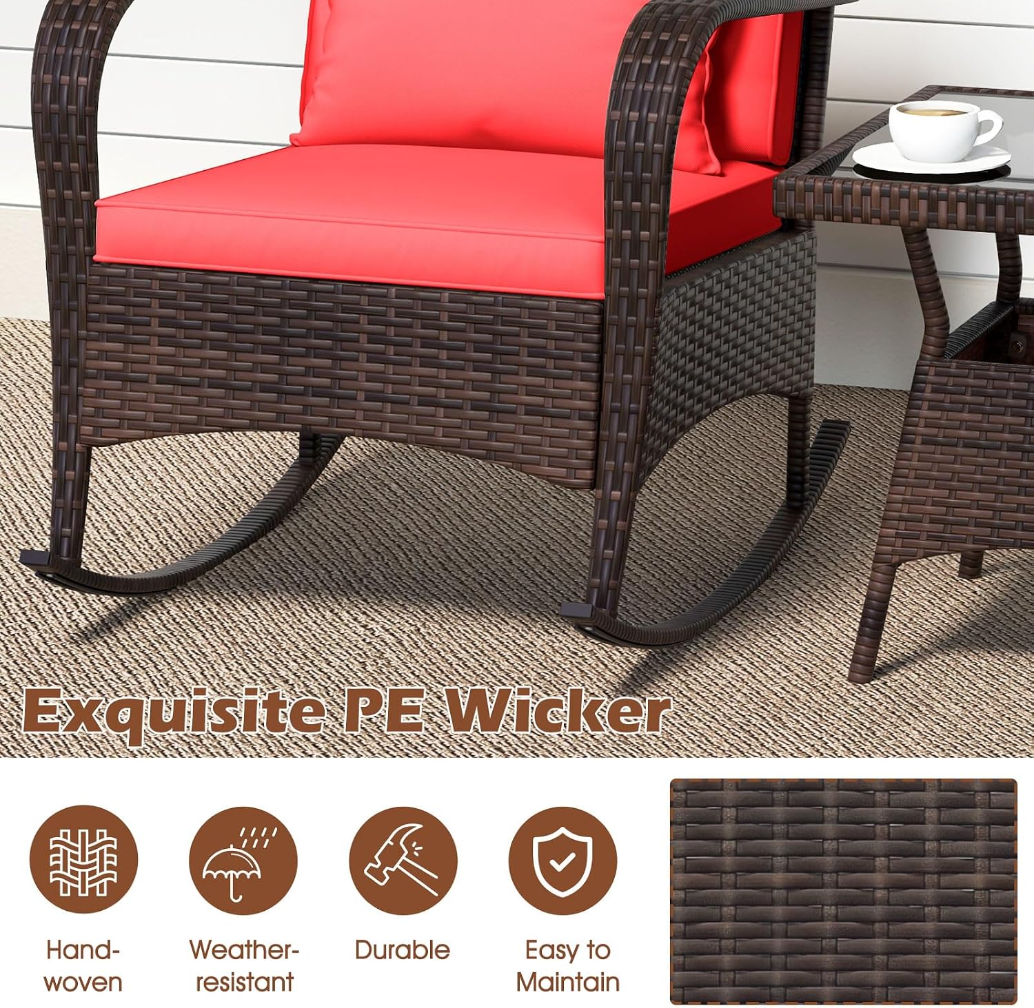 ORALNER 3 Pieces Patio Furniture Set, Outdoor Wicker Rocking Chairs with Cushions, Pillows, Glass Coffee Table, Rattan Bistro Rocker Set for Balcony Front Porch Poolside Garden Deck Yard (Red)