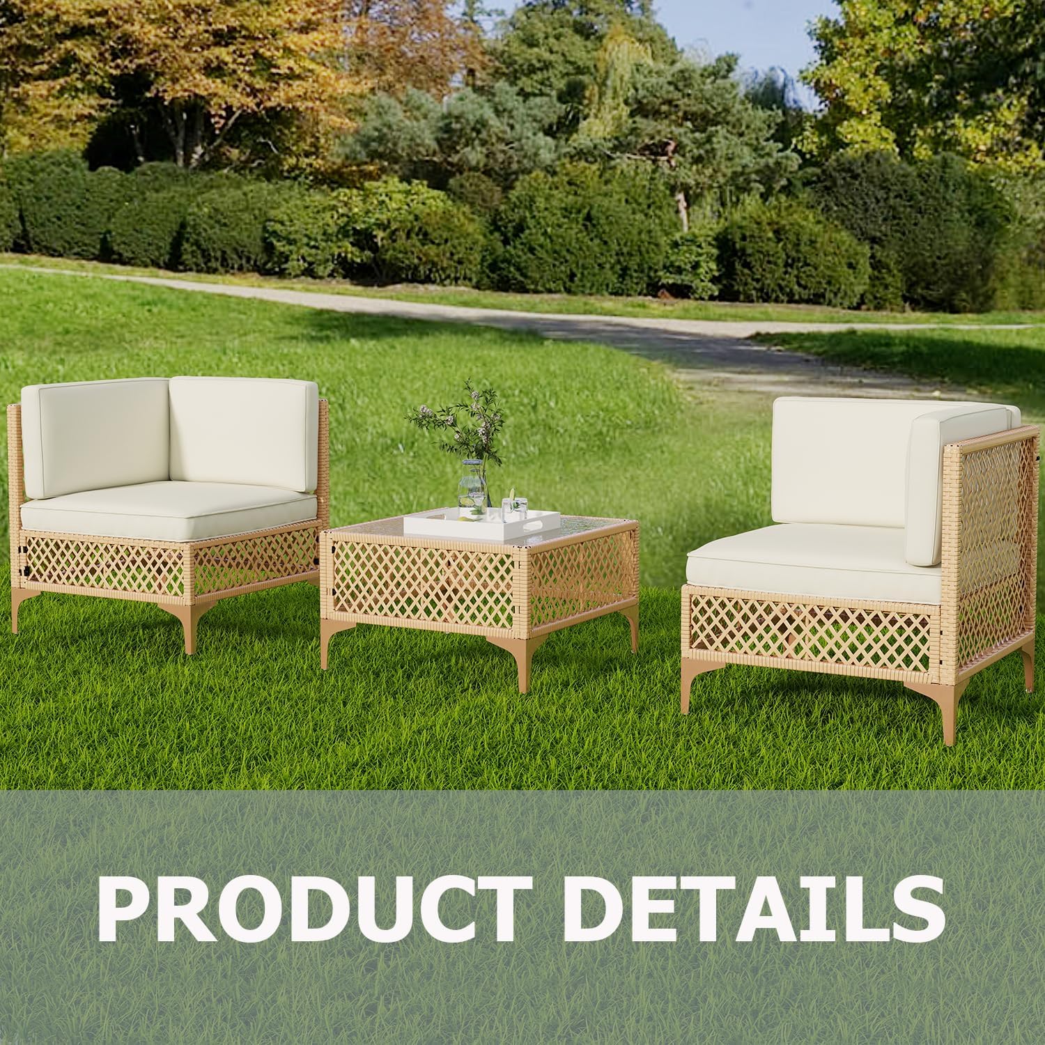 3 Piece Patio Furniture Set, Wicker Outdoor Sectional Couch Set, Bohemia Porch Furniture 2 Seater with Lumbar Pillows, Outdoor Sofa with Large Coffee Glass Table for Patio, Balcony