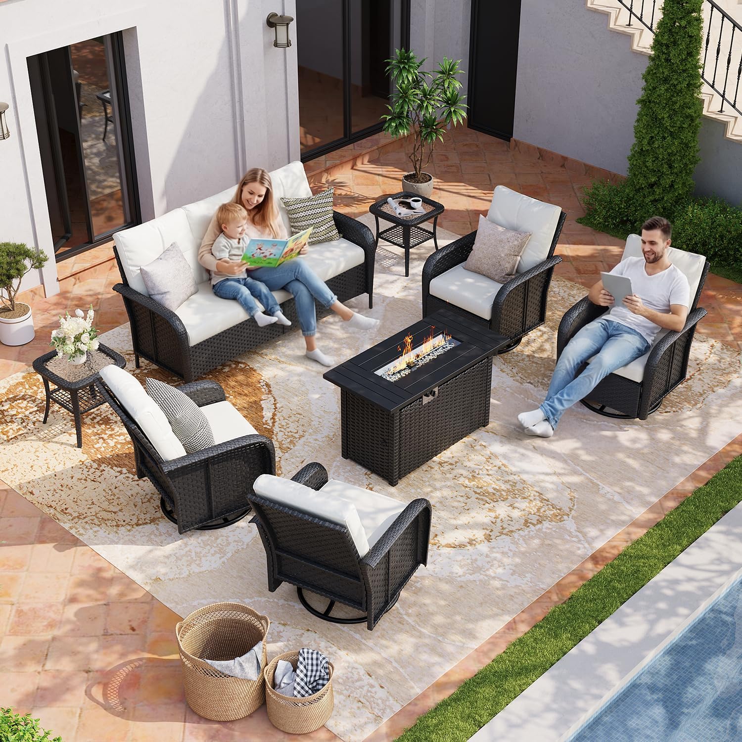 Aoxun Luxury 10-Piece Patio Furniture Set with 44'' Fire Pit Table, Wicker Rattan Sofa with Thick Cushion, Outdoor Conversation Set for Backyard, Poolside & Garden, Black/Beige