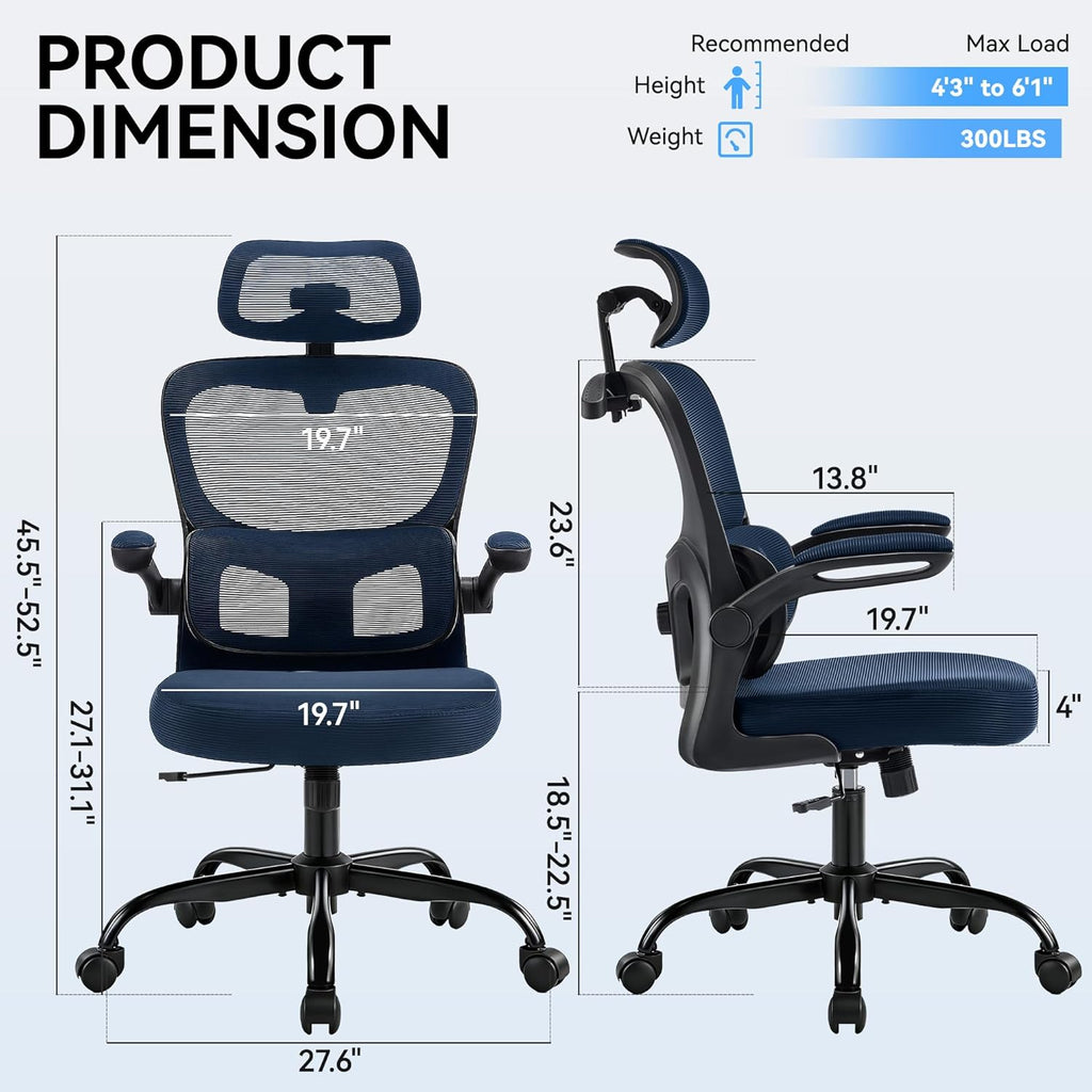 AreShark Office Chair Ergonomic Desk Chairs with Adjustable Lumbar Support& Headrest Hanger, High Back Breathable Mesh Chair with Wheels, Rolling Swivel Comfy Task Computer Chair for Home Work Gaming