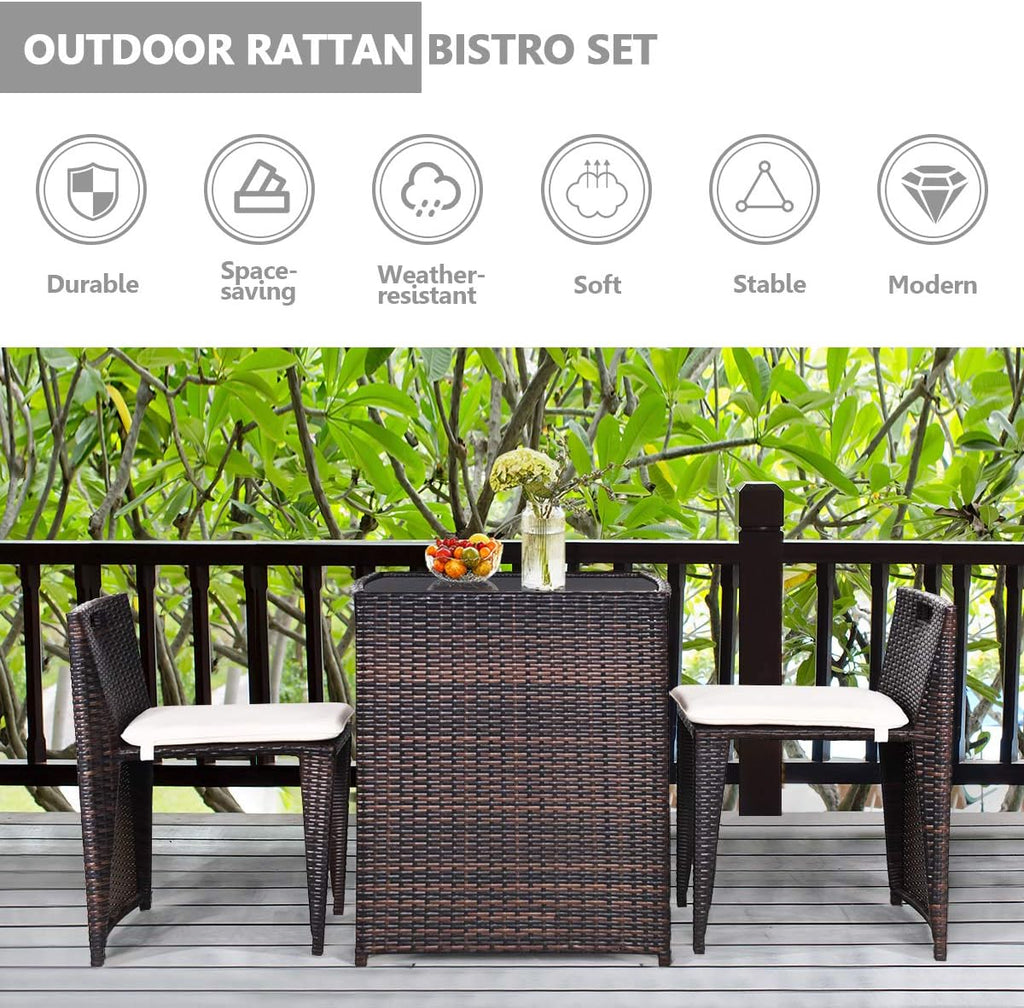 Giantex 3 PCS Cushioned Outdoor Wicker Patio Set Convention Bistro Set with Patio Sofa Chairs Garden Lawn Space Saving Conversation Furniture No Assembly (Light Brown)