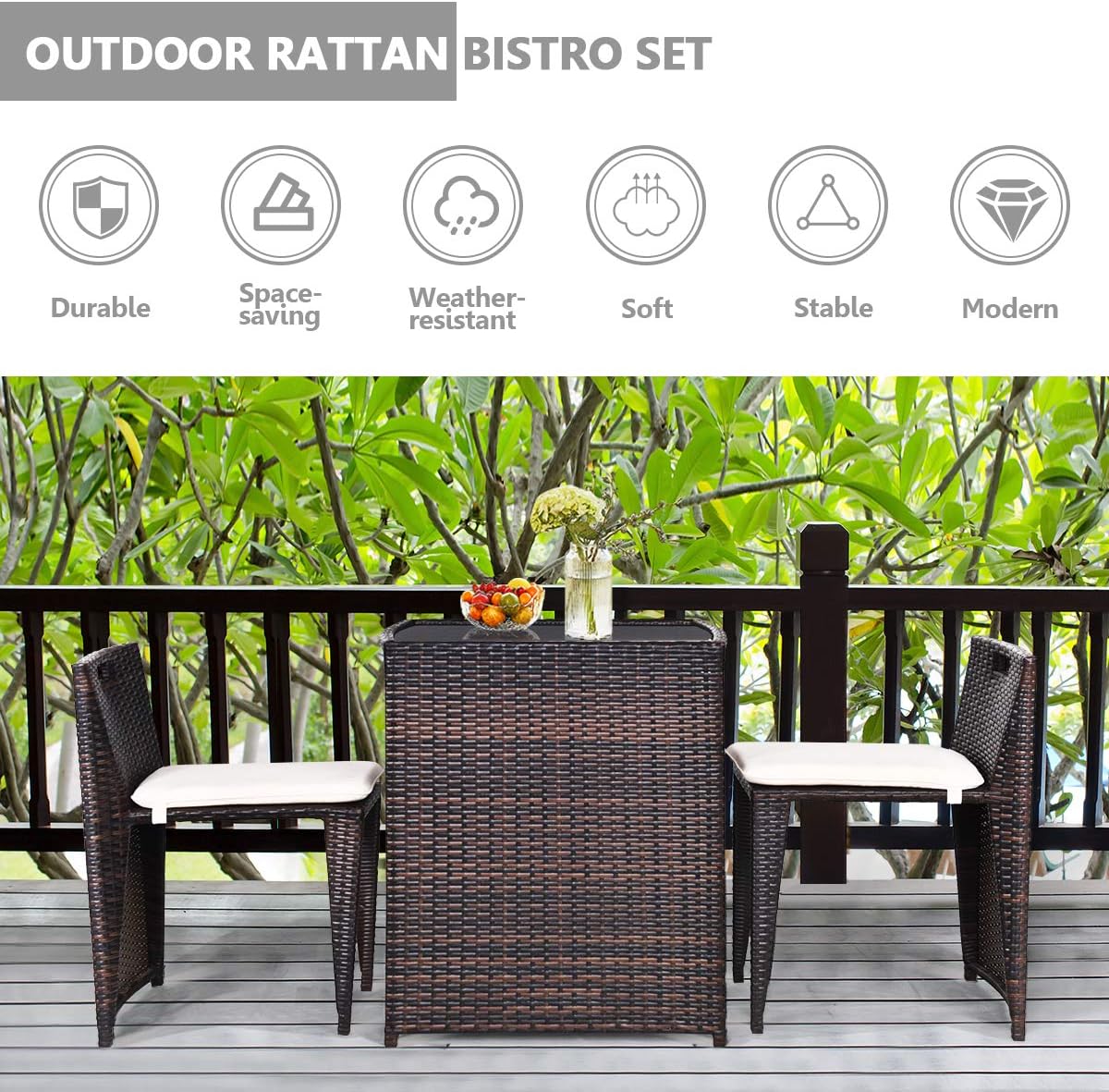 Giantex 3 PCS Cushioned Outdoor Wicker Patio Set Convention Bistro Set with Patio Sofa Chairs Garden Lawn Space Saving Conversation Furniture No Assembly (Light Brown)