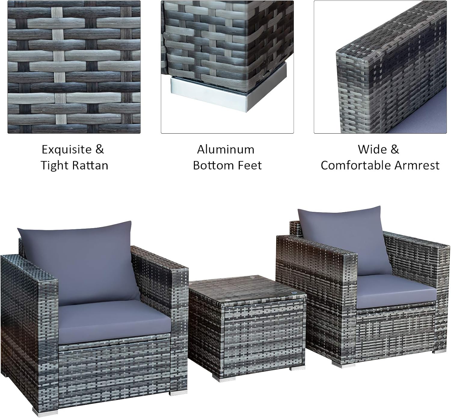 COSTWAY 3-Piece Patio Furniture Set, Outdoor Wicker Rattan Sofa with Cushions and Coffee Table, Conversation Chair Set for Poolside Backyard Balcony Lawn (Grey)