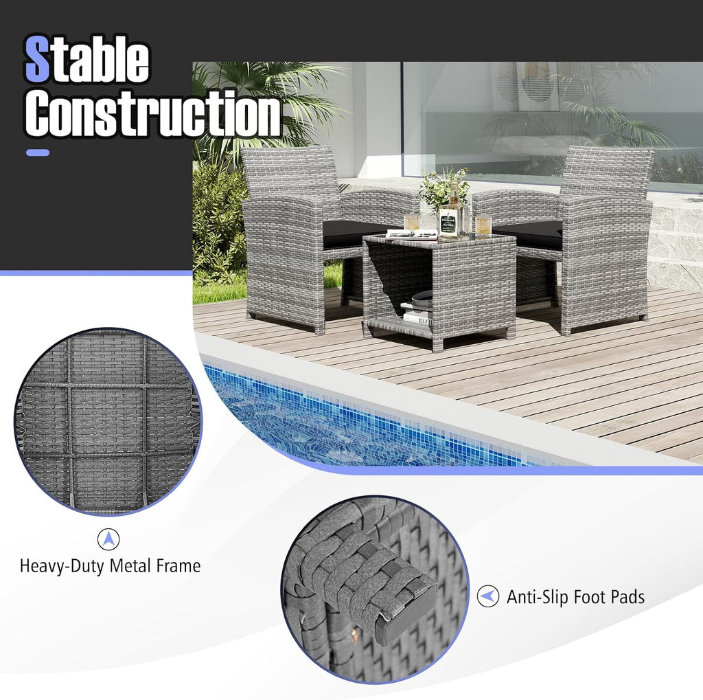 Tangkula 3 Pieces Patio Furniture Set, PE Rattan Outdoor Chairs with Tempered Glass Coffee Table & Soft Seat Cushions, Patio Bistro Set, Outdoor Conversation Set for Porch, Backyard Poolside (Black)