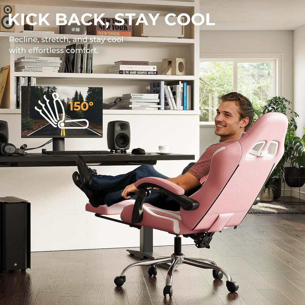 Pink Gaming Chair with Footrest and Massage Lumbar Support, Ergonomic Reclining Computer Chair 330lbs with Adjustable Height and Headrest Pillow, Cute Aesthetic Esports Chair for Girls, Pink