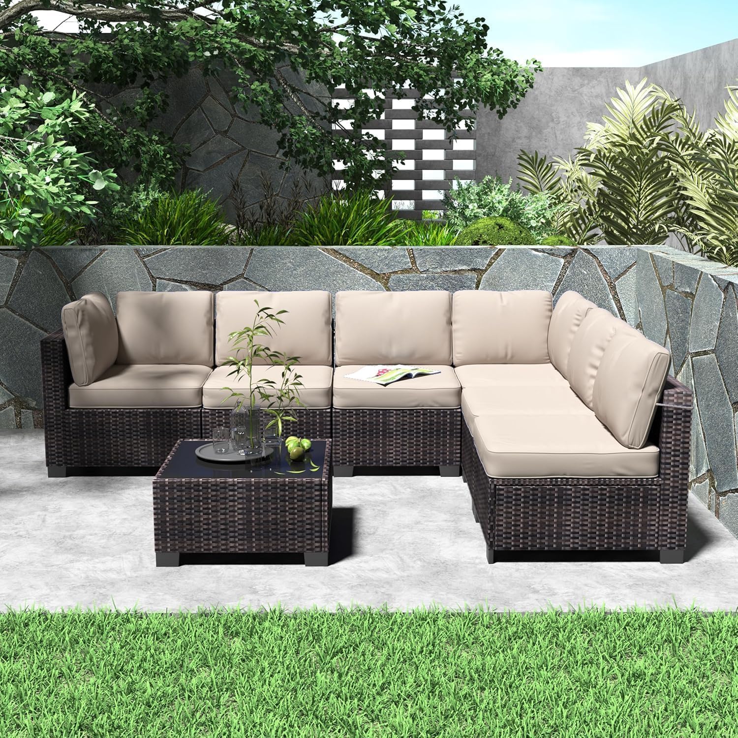 Garvee 7 Pieces Outdoor Patio Furniture Set, Rattan Wicker Sofa Set with Soft Cushions and Coffee Table, All-Weather Outdoor Furniture for Garden, Porch, Poolside, Brown&Beige