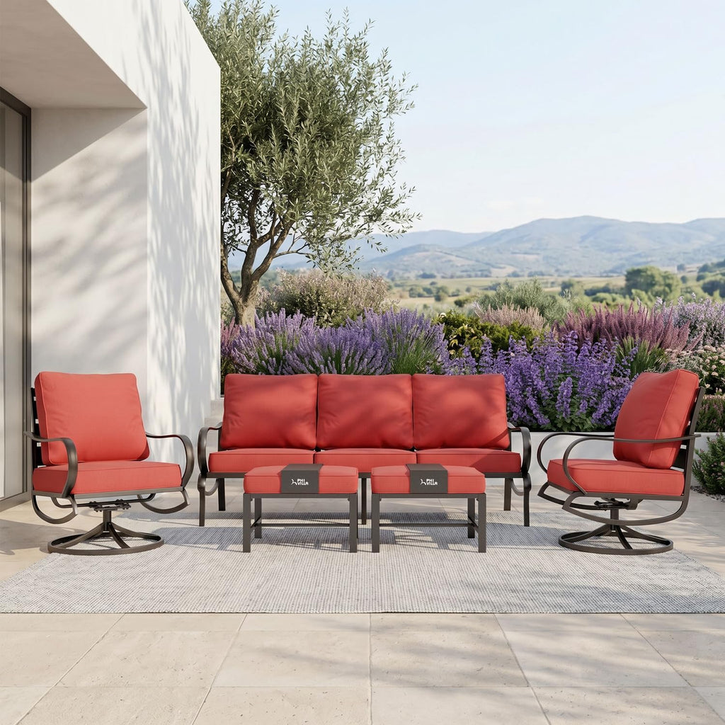 PHI VILLA 5 Piece Metal Patio Furniture Set with 5.75' Cushion, Modern Outdoor Furniture Set with 3 Seater Patio Sofa, 2 Swivel Chairs & 2 Ottoman, Deep Seat Patio Conversation Sets for Garden, Red
