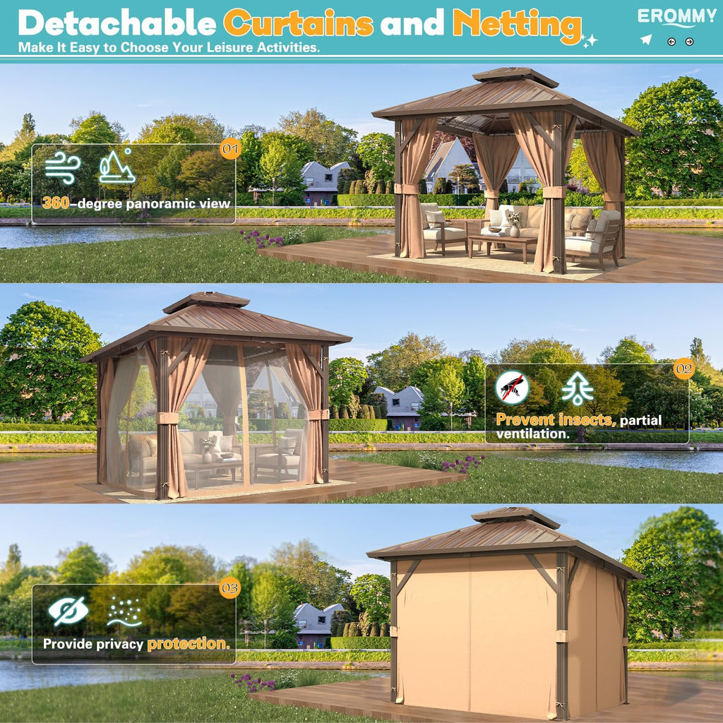 EROMMY 10'x10' Gazebo Hardtop, Galvanized Steel Double Roof Metal Gazebo with Aluminum Frame, Permanent Outdoor Pavilion with Curtain and Netting for Patio, Lawn and Garden, Brown