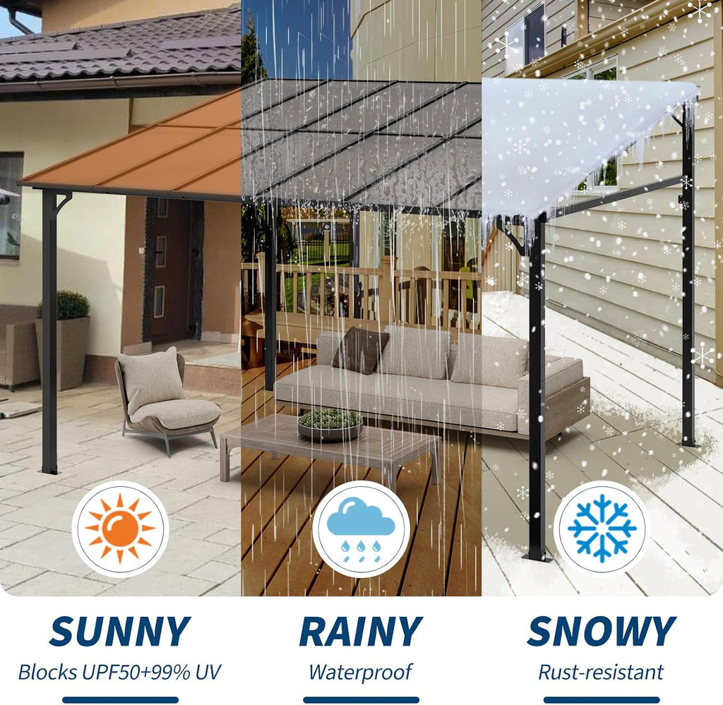 Acekool 10x12 Ft Wall Mounted Gazebo Pergola, Outdoor Lean to Gazebo Hardtop with Polycarbonate Roof, Upgraded Steel Frame Hardtop Pavilion for Patio, Garden, Lawn, Deck