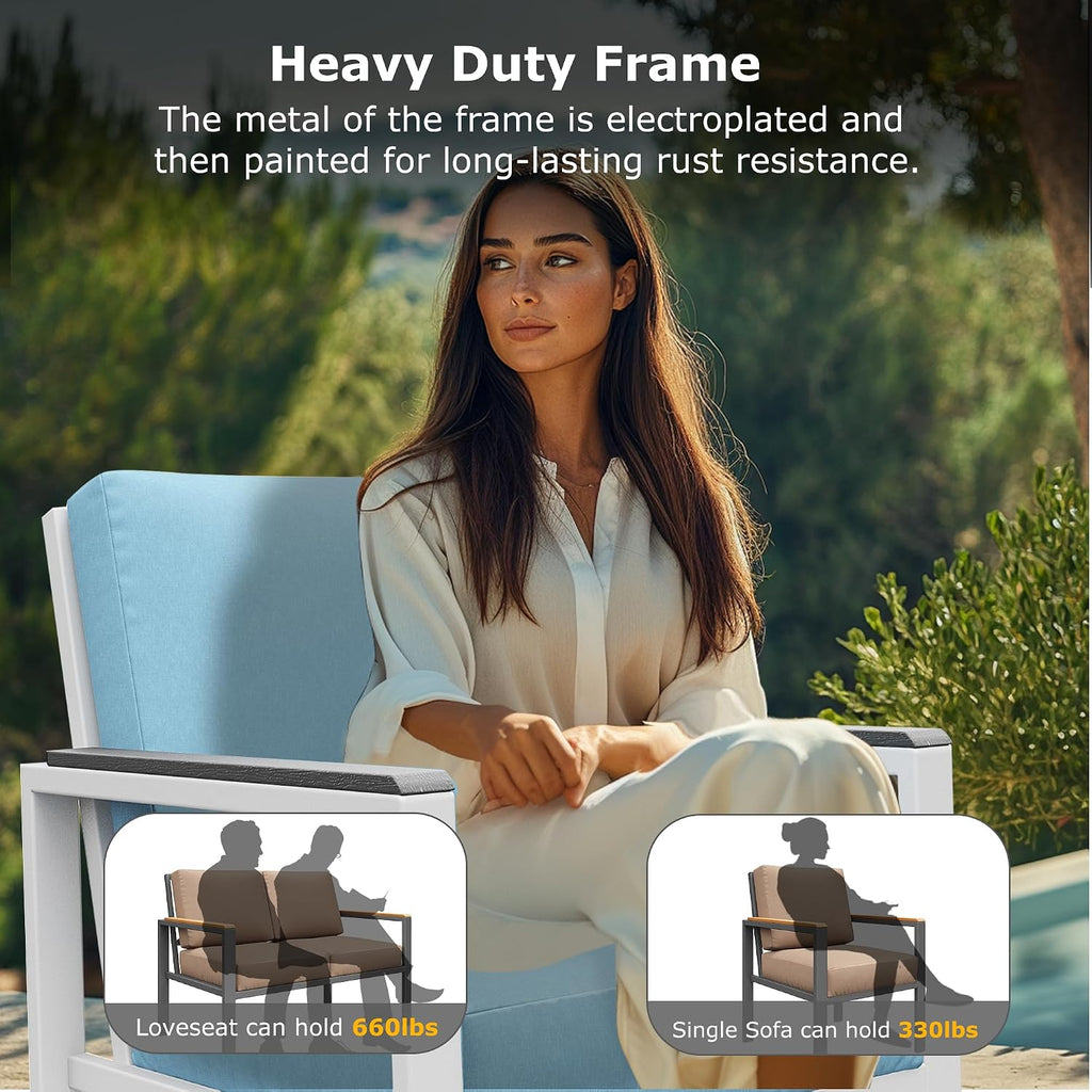 4-Piece Outdoor Patio Furniture Set, Metal Conversation Sofa Set with Deep Cushions & Wood-Like Armrests, Modern Patio Seating with Coffee Table for Garden, Porch, Balcony, Backyard (White)