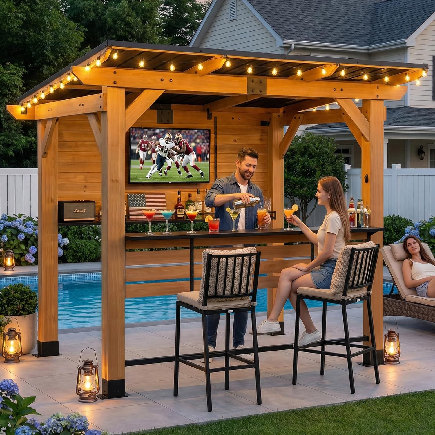 CHARMELEON Cedar Wood Entertainment Bar Center,6 x 8 FT Wood Gazebo Bar Including Metal TV Mount & Serving Bar & Paper Towel Holder& Bottle Opener,Outdoor Grill Gazebo for Patio,Garden