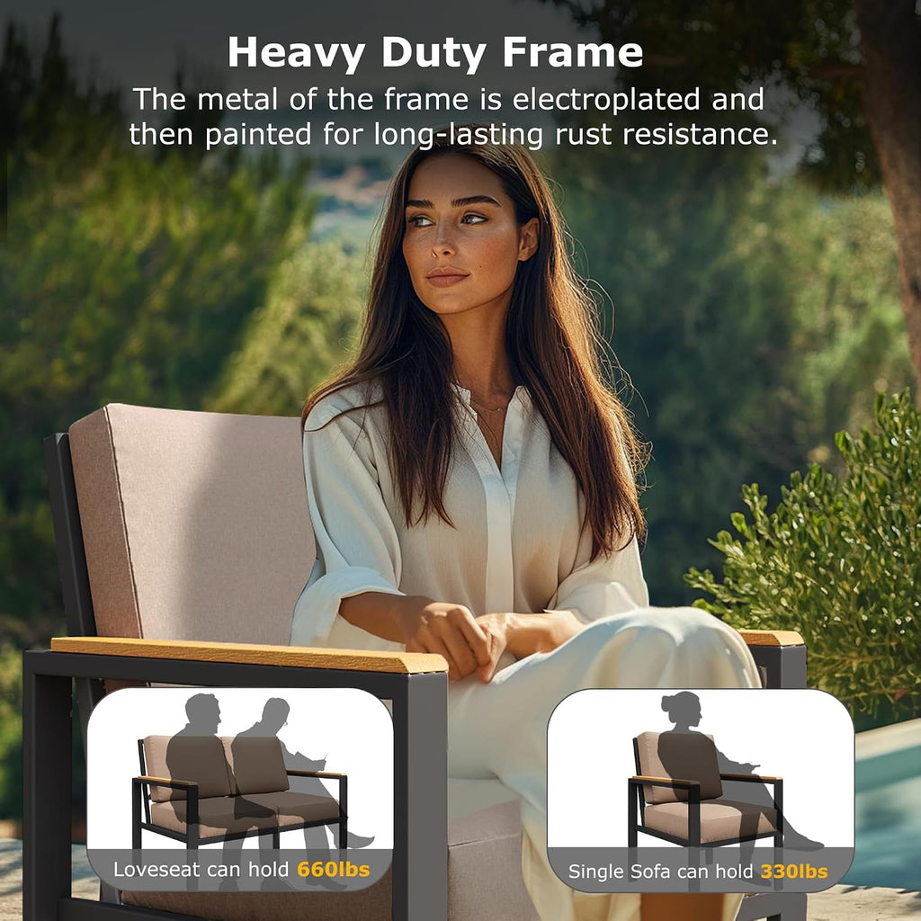4-Piece Outdoor Patio Furniture Set, Metal Conversation Sofa Set with Deep Cushions & Wood-Like Armrests, Modern Patio Seating with Coffee Table for Garden, Porch, Balcony, Backyard (Brown)