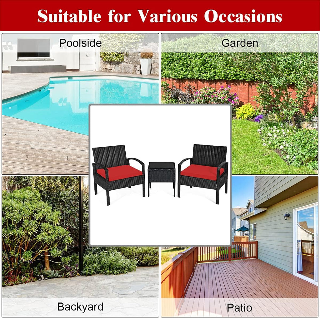 Tangkula 3 PCS Patio Conversation Set, Outdoor Rattan Sofa Set with Seat Cushions & Coffee Table, Patio Wicker Furniture Set for Garden Balcony Backyard Poolside (Red)